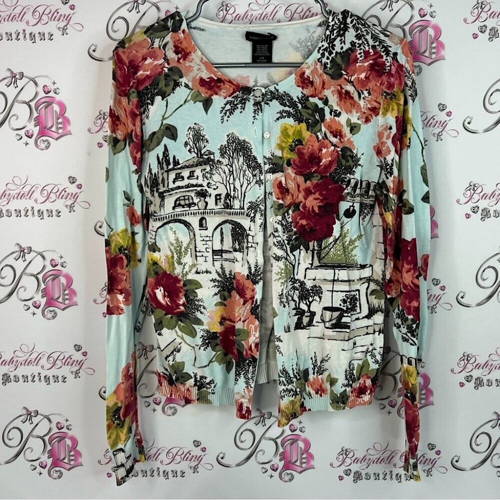 Lord & Taylor cardigan button up scenic flowers Floral and Scenic Print Blouse
